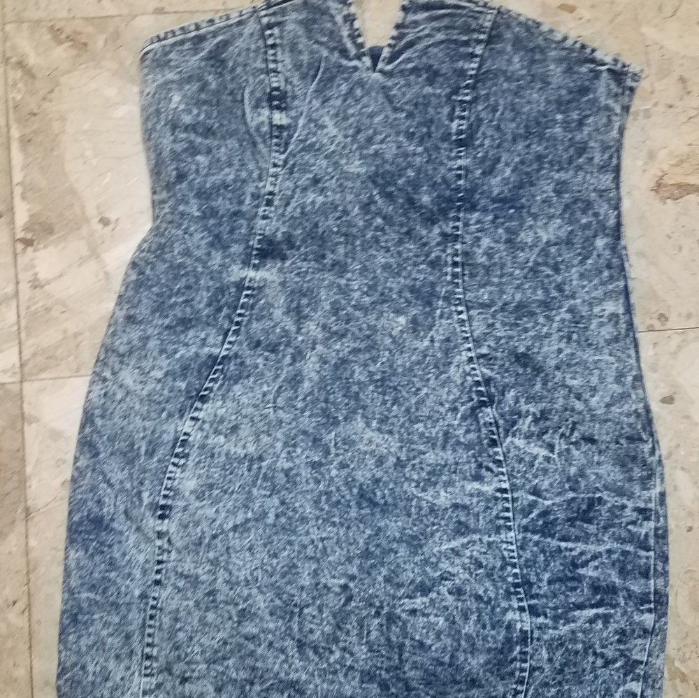 Settledown blue denim strapless zip back minidress